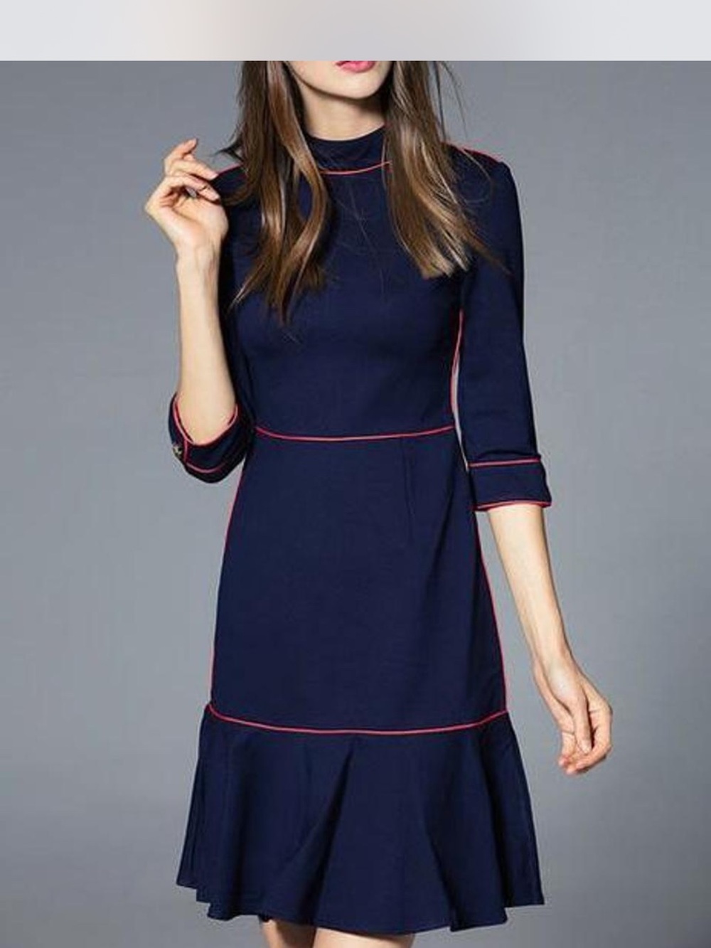 STYLEWE Navy Blue Long-Sleeve Fit & Flare Dress with Red Piping